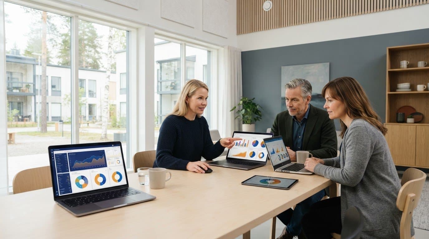 Kolme hallituksen jäsentä tarkastelee taloyhtiön talousnäkymiä kannettavilla ja tabletilla valoisassa kokoushuoneessa